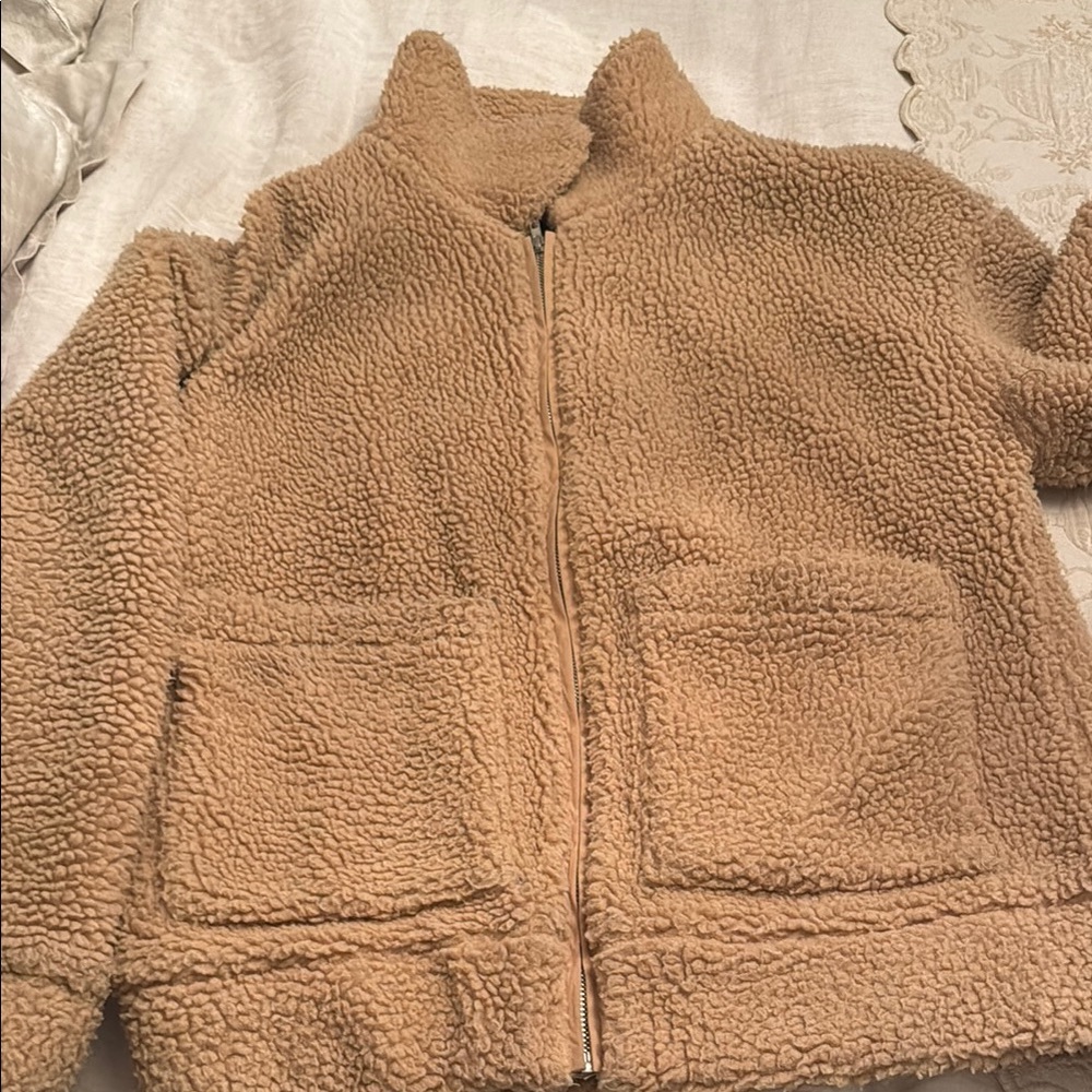 Tan Puffer Jacket with Plush Fleece Texture